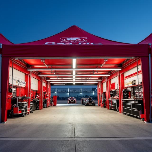 Escena nocturna en el box de Olympus Racers, carpa de competición